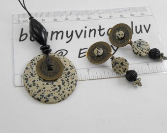 Dalmatian Jasper Donut pendant necklace and earring set, Asian coin jewelry