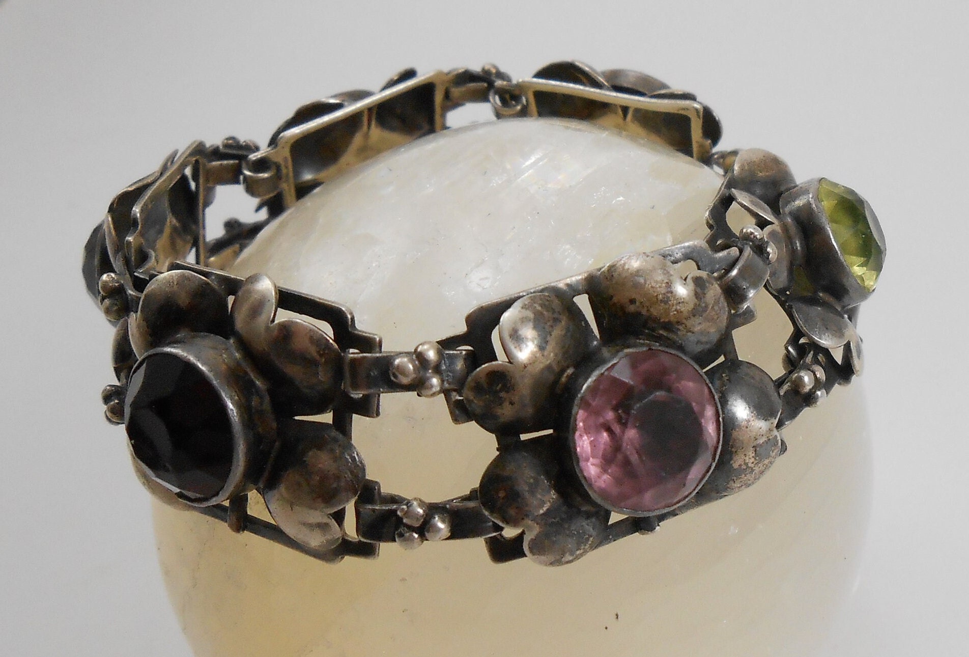 Vintage designer Hobe Sterling silver and crystal stone panel bracelet