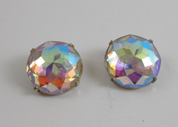 Large round button earrings, Rainbow rhinestone, … - image 1
