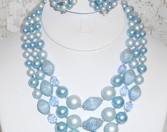 Vintage Necklace Multi strand Beaded Choker Necklace and earring set Baby Blue