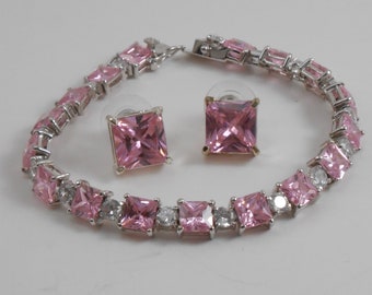 Pink and white tennis bracelet and earrings set