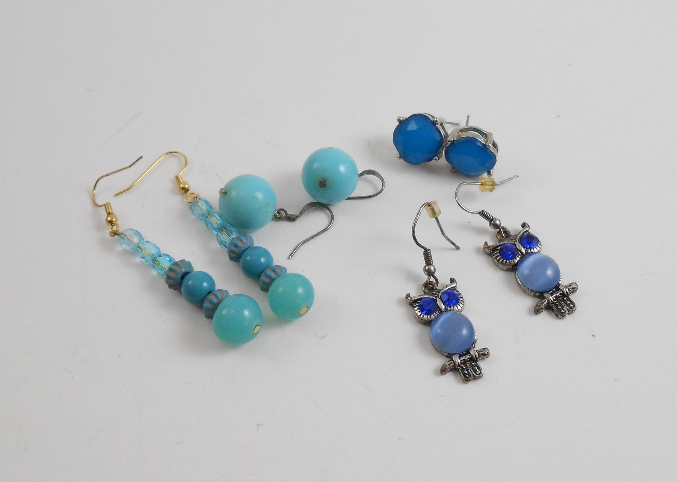 Blue color earrings for pierced ears, owl earrings, fashion earrings, blue beaded drop earrings