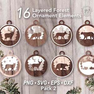 Lot de 16 décorations de Noël forêt, fichier laser SVG | ornement d'hiver de sapin de Noël | Décoration d'arbre animal en couches | Lot hivernal SVG
