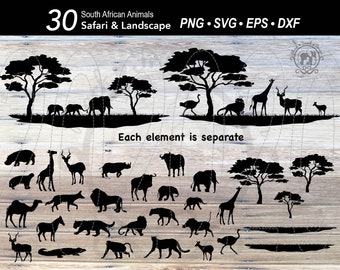 30 Safari Afrika Silhouette Tier SVG bündel | Afrika-Szene | Safari-Landschaft | Elefant | Löwe | Giraffe | Nashorn | Nilpferd| |Hyäne | Zebra