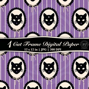 May include: Digital paper featuring a repeating pattern of black cat faces in oval frames with bows, set against a purple and white striped background. The text "1 Cat Frame Digital Paper" is displayed on a black banner.