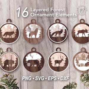 Lot de 16 décorations de Noël forêt, fichier laser SVG | ornement d'hiver de sapin de Noël | Décoration d'arbre de Noël en couches | Lot hivernal SVG