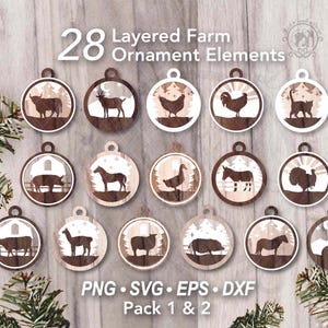 May include: A collection of 28 layered farm ornament elements. Each ornament features a different farm animal silhouette, such as a cow, goat, or chicken, set against a white and brown background. The text "Layered Farm Ornament Elements" is displayed at the top.