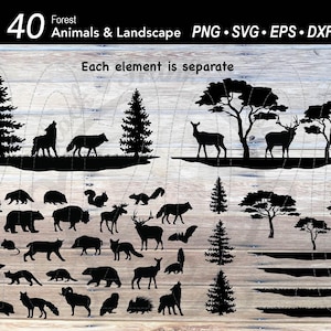 40 Woodland Forest Animal SVG Bundle | Pine Tree Scene Landscape Silhouette | Bear | Deer | Elk | Wolf | Fox | Hedgehog | Squirrel l Bat