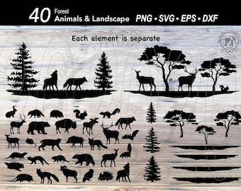 Paquete de 40 SVG de animales del bosque / Silueta de paisaje con escena de pino / Oso / Ciervo / Alce / Lobo / Zorro / Erizo / Ardilla / Murciélago