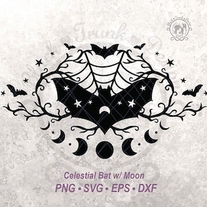 Archivo de corte SVG de escena de murciélago celestial de Halloween / Luna creciente y estrella / Gráfico vectorial de camiseta de temporada de otoño espeluznante / Etiqueta de poción mística de bruja