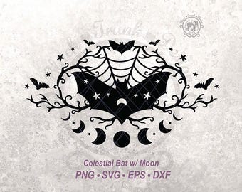 May include: A black graphic design featuring a central bat silhouette adorned with stars and a crescent moon, framed by intricate tree branches, a spider web, and smaller bats. Below the design, a lunar phase cycle is displayed with text reading Celestial Bat w/ Moon PNG SVG EPS DXF.