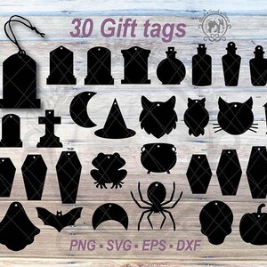 30 Halloween Gift Tag SVG Fall Shape Blank DIY Gifting Label Bundle | Spider, Bat, Wolf, Owl, Cat Face Hang Tag | Coffin Shape Silhouette