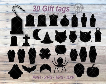 30 Halloween Gift Tag SVG Fall Shape Blank DIY Gifting Label Bundle | Spider, Bat, Wolf, Owl, Cat Face Hang Tag | Coffin Shape Silhouette