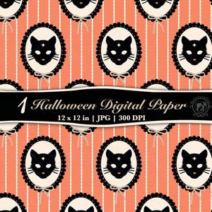 May include: Digital Halloween-themed paper featuring a repeating pattern of black cat faces in oval frames on a peach background with white stripes. The paper includes the text "1 Halloween Digital Paper 12 x 12 in | JPG | 300 DPI".