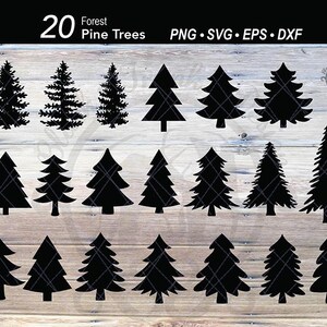 Puede incluir: Una colecci&oacute;n de 20 siluetas negras de pinos forestales en varios estilos. La imagen incluye el texto "20 Forest Pine Trees PNG SVG EPS DXF". Los &aacute;rboles est&aacute;n dispuestos sobre un fondo de vetas de madera clara.