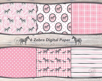 6 Preppy Zebra Digital Papers JPG Bundle | Printable Pink Animal Seamless Patterns | Gingham, Dot, Stripe Backgrounds (Digital Download)