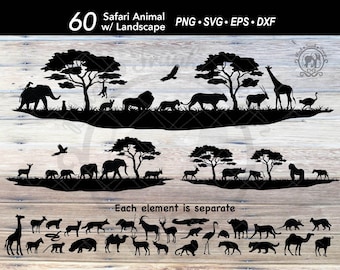 60 Safari Africa Silhouette Animal SVG Bundle | Africa Scene | Safari Landscape | Elephant | Lion | Giraffe | Rhino | Hippo | Hyena | Zebra