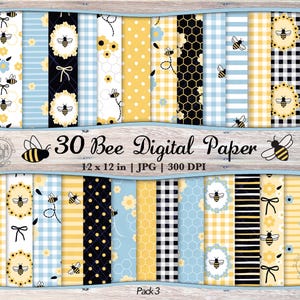 May include: A set of 30 digital papers featuring bee-themed designs. The patterns incorporate yellow, black, and blue with polka dots, stripes, honeycomb, and floral motifs. Each paper measures 30.48 cm x 30.48 cm.