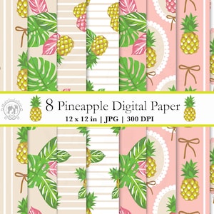 8 Ananas Musterdesign Digitales Papier JPG Bundle | Tropisches Blatt Sommer druckbares Gästebuch-Hintergrund | Süßer Kroketten-Bogenrahmen