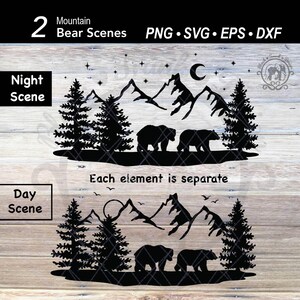 Paisaje de montaña con osos en el bosque SVG / Escena de animales en el bosque / Archivo de corte de bosque / Silueta de pino invernal al aire libre con luna y estrellas en el cielo