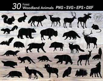 Paquete de siluetas SVG de 30 animales del bosque: oso, ciervo, alce, lobo, zorro, mapache, erizo, castor, ardilla, nutria, búho, bisonte y alce. Descarga.