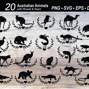 Paquete de 20 imágenes prediseñadas de animales australianos SVG con corona y corazón para camisetas: ornitorrinco, canguro, demonio de Tasmania, koala, ualabí, wombat y casuario.