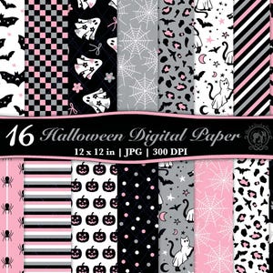 Pode incluir: Uma coleção de 16 designs de papel digital de Halloween. Os padrões incluem morcegos, aranhas, fantasmas, abóboras e estampas de leopardo em preto, branco, cinza e rosa. O texto "16 Halloween Digital Paper" é exibido.