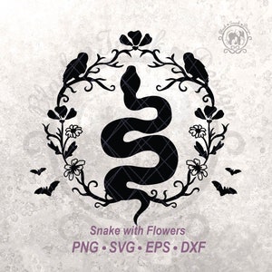 Arquivo de corte de silhueta SVG de cobra de flores silvestres de Halloween | Gráfico de camiseta vetorial de cena de morcego de outono assustador de bruxa | Rótulo de poção mística de réptil