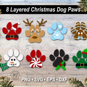 8 Christmas Dog Paw Print SVG Vector Bundle | Uroczy zimowy bandana dla zwierząt domowych Warstwowy plik do cięcia grafiki | Bluza z kapturem ze zwierzętami w sezonie świątecznym Clipart