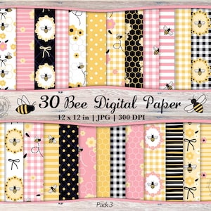 May include: A collection of 30 bee-themed digital papers, each 12 x 12 inches. The designs feature various patterns, including honeycomb, polka dots, stripes, and floral elements, in yellow, black, and pink. The text "30 Bee Digital Paper" is displayed.