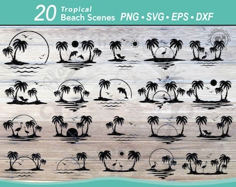 20 Tropical Beach Scene SVG bundle | Ocean dolphin scene | Sunset palm tree silhouette | Flamingo landscape | Pelican birds | Beach chair