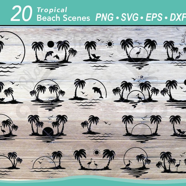 20 Tropical Beach Scene SVG bundle | Ocean dolphin scene | Sunset palm tree silhouette | Flamingo landscape | Pelican birds | Beach chair