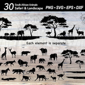 30 Safari Africa Silhouette Animal SVG Bundle | Cena da África | Paisagem de Safari | Elefante | Leão | Girafa | Rinoceronte | Hipopótamo | Hiena | Zebra