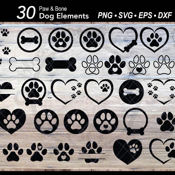 30 Dog Paw Print SVG Bundle | Pet Heart Paw Tag | Dog Paw Footprints | Dog Bone Cut File | Animal Dog Paw Silhouette Outline Clipart