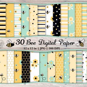 Paquete de 30 papeles digitales con diseño de abejas sin costuras en formato JPG, con estampado de abejas, papel imprimible para álbum de recortes con abejorros y fondo de flores repetidas con diseño de panal.