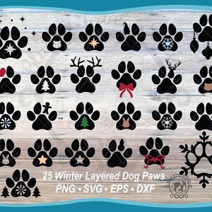 25 Christmas Dog Paw Print SVG Bundle | Layered Winter Pet Paw Silhouette Clipart | Digital Download