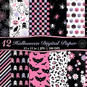 Könnte beinhalten: Eine Sammlung von 12 digitalen Papieren zum Thema Halloween. Die Muster umfassen Spinnennetze, Geister, Kürbisse, Fledermäuse, Totenköpfe und florale Designs in Schwarz, Rosa und Weiß. Jedes Papier misst 30,48 x 30,48 cm.