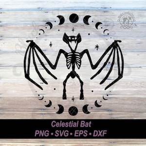 Skeleton Bat SVG Moon Phase Halloween Graphic | Witchy Celestial Flying Bat Shirt |Spiritual Crescent Moon Galaxy Stars | Fall Season Design