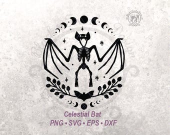 Celestial Skeleton Bat SVG Clipart Cut File | Witchy Halloween Wreath Crescent Moon & Star Scene (Digital Download)