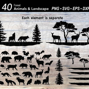 40 Woodland Forest Animal SVG Bundle | Scena sosny Krajobraz Sylwetka | Niedźwiedź | Jeleń | Łoś | Wilk | Lis | Jeż | Wiewiórka l Nietoperz