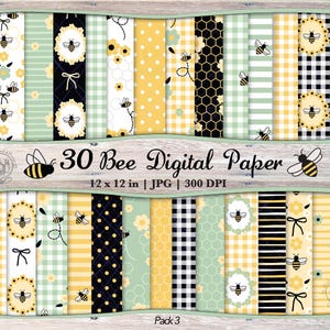 30 Sage Green Bee Seamless Pattern JPG Bundle | Summer Flower, Gingham & Honeycomb Printable Scrapbook Papers | Digital Download