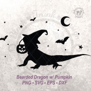 Pompoen Halloween baardagaam SVG Spooky Witchy shirt afbeelding | Schattig herfstseizoen hagedis heks silhouet bestand | Halve maan en vleermuishemel