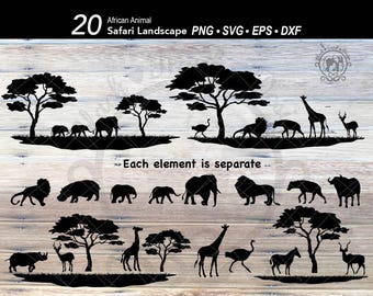 20 Safari Africa Silhouette Animal SVG Bundle | Africa Scene | Safari Landscape | Elephant | Lion | Giraffe | Rhino | Hippo| Ostrich | Zebra