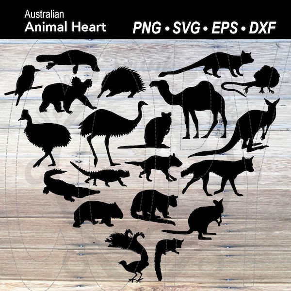 Australian Animal SVG Heart silhouette | Platypus | Kangaroo | Tasmanian Devil | Koala shirt graphic | Wallaby | Wombat | Quokka | Cassowary
