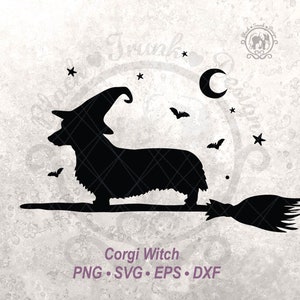Hond Halloween SVG Corgi Spooky Witchy Shirt grafisch silhouet | Schattig herfstseizoen hond heks op bezem gesneden bestand | Halve maan en vleermuishemel
