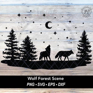 Paesaggio invernale con lupo SVG / Scena di animali della foresta / Paesaggio invernale con pini / Scena di animali nel bosco / Scena di Natale innevata SVG