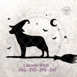 Hond Halloween SVG griezelige labrador heks shirt grafisch gesneden bestand | Schattig herfstseizoen heks bezem hondenliefhebber sweater | Halve maan en vleermuishemel