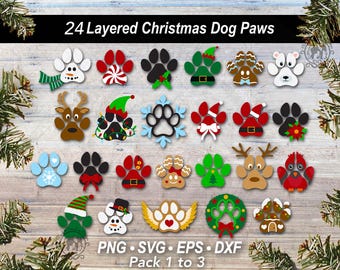 24 Christmas Dog Paw Print SVG Bundle | DIY Layered Animal Winter Pet Cut Files | Digital Holiday Season Clipart Graphics