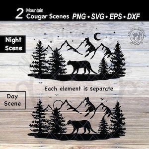 Cougar montagne scène SVG | Fichier découpé au Laser de paysage forestier animal | Silhouette d'arbre de pin d'hiver à l'extérieur | Forêt Arbre Montagne Lune
