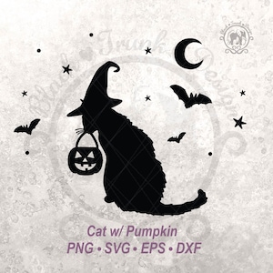Halloween Black Cat w Pumpkin SVG Spooky Witchy shirt afbeelding | Schattig herfstseizoen kat heks silhouet gesneden bestand | Halve maan en vleermuishemel